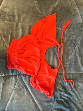 Forever 21 Orange Puff-Sleeve Smocked Crop Top with Tie-Back